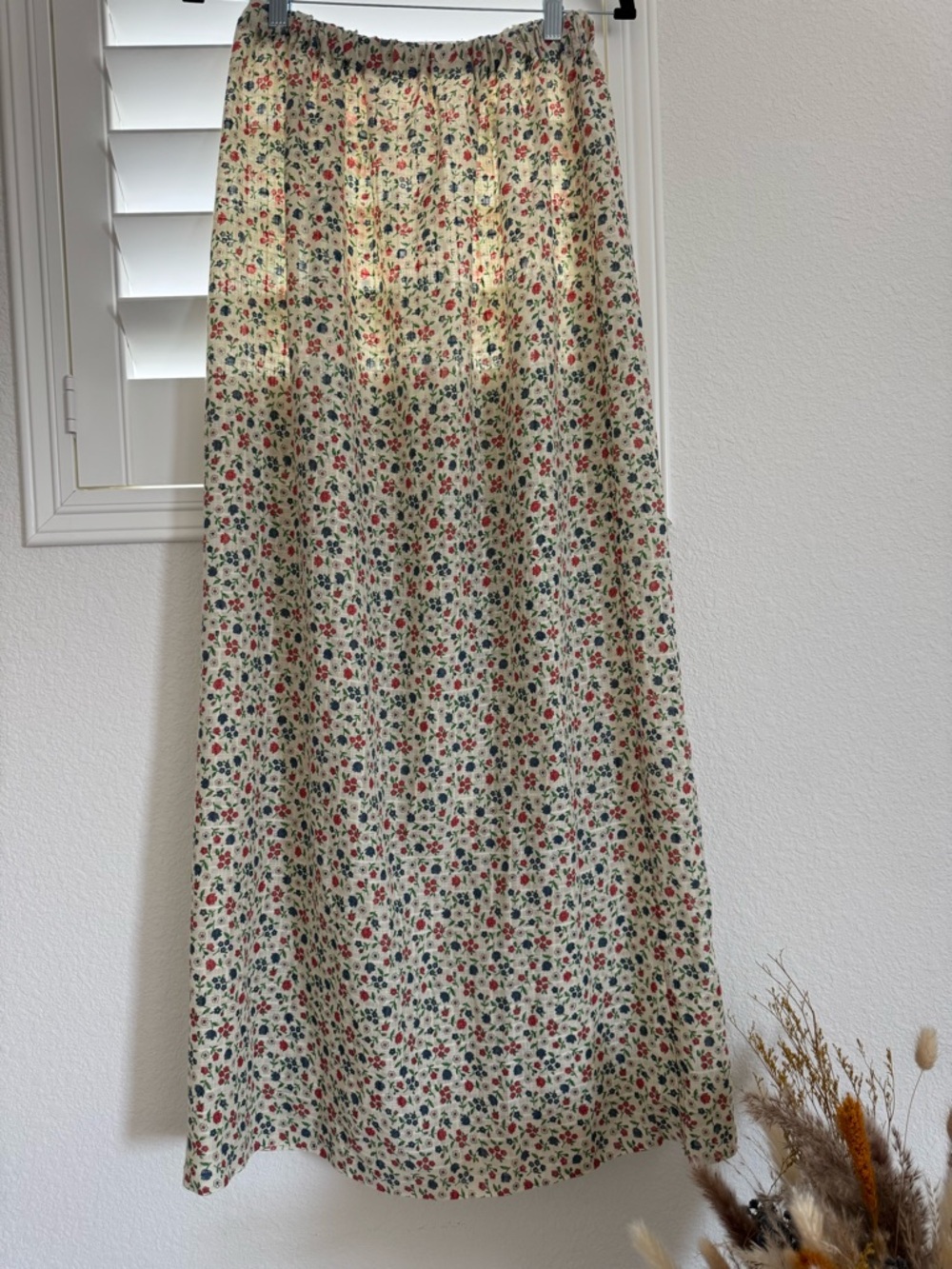 Handmade Floral Maxi Skirt in Cream with Red & Green Print